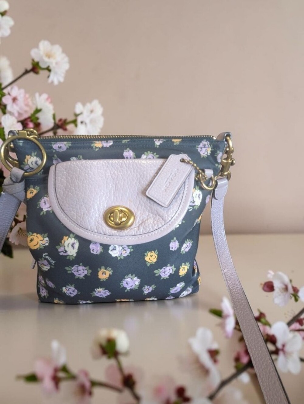 Coach Floral Crossbody Bag in Dusty Blue and Light Pink Leather Trim